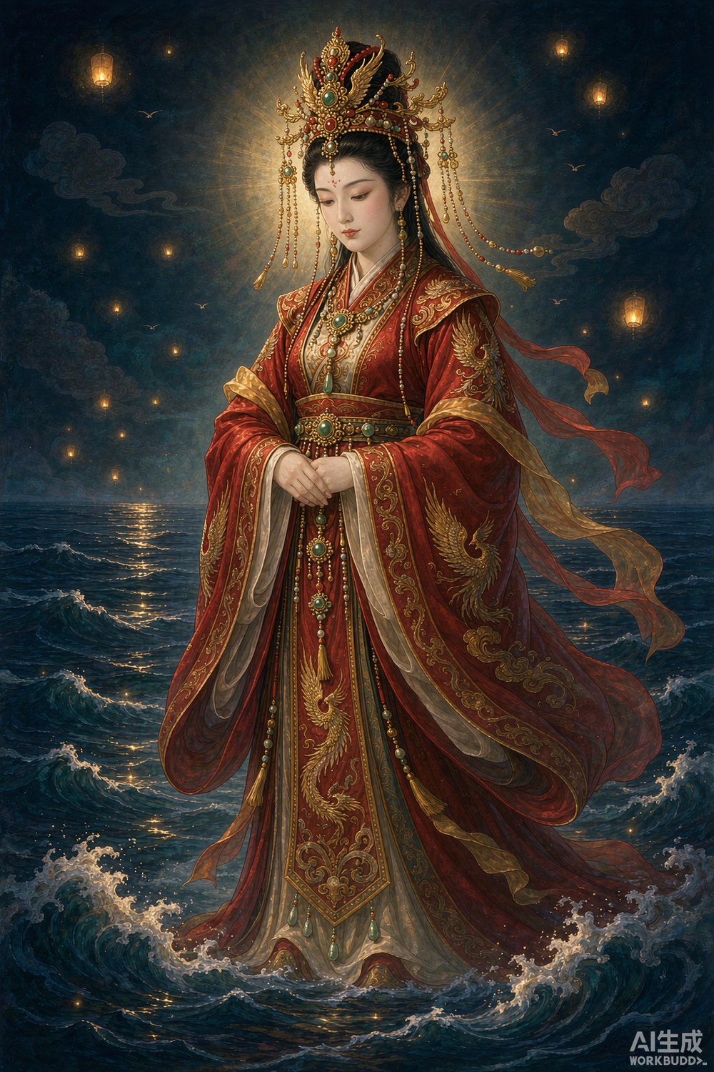 妈祖林默画像：凤冠霞帔，双手交叠于广袖，立千顷波涛之上，身后灯火点点